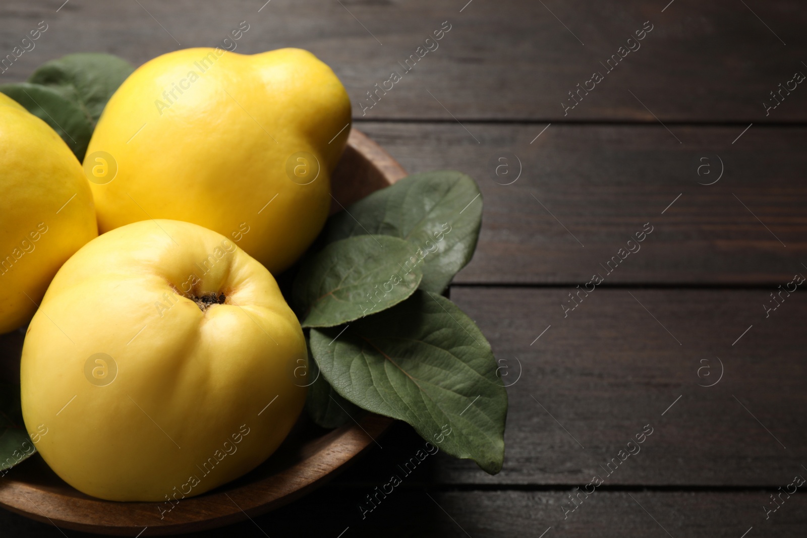 Fresh ripe organic quinces with leaves on wooden table, closeup. Space for text Photo of Fresh ripe organic quinces with leaves on wooden table, closeup. Space for text