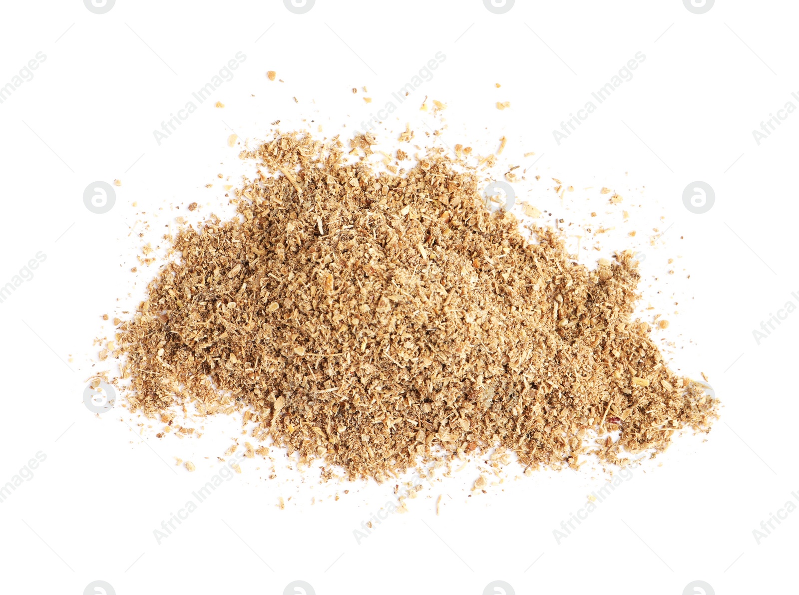Heap of powdered coriander isolated on white, top view Photo of Heap of powdered coriander isolated on white, top view