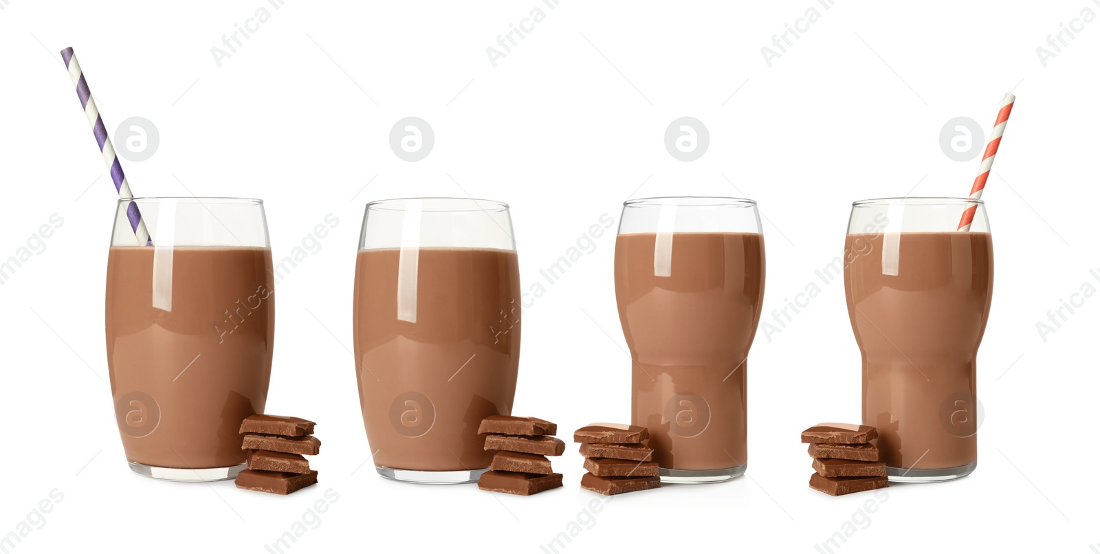 Set with delicious chocolate milk on white background. Banner design Image of Set with delicious chocolate milk on white background. Banner design