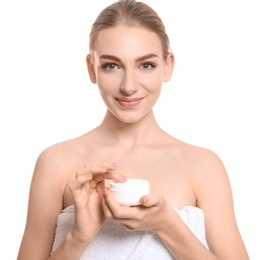 Young woman with jar of body cream on white background Photo of Young woman with jar of body cream on white background