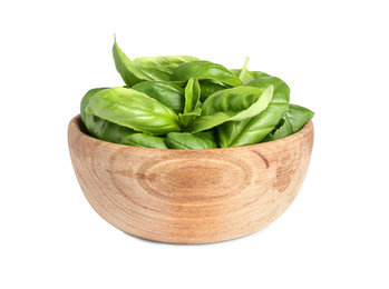 Photo of Fresh green basil leaves in wooden bowl isolated on white