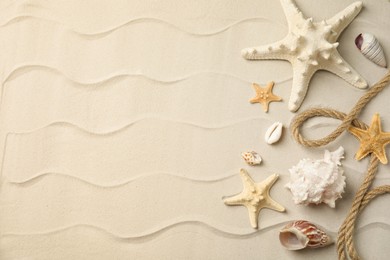 Beautiful sea stars, shells and rope on sand, flat lay. Space for text Photo of Beautiful sea stars, shells and rope on sand, flat lay. Space for text
