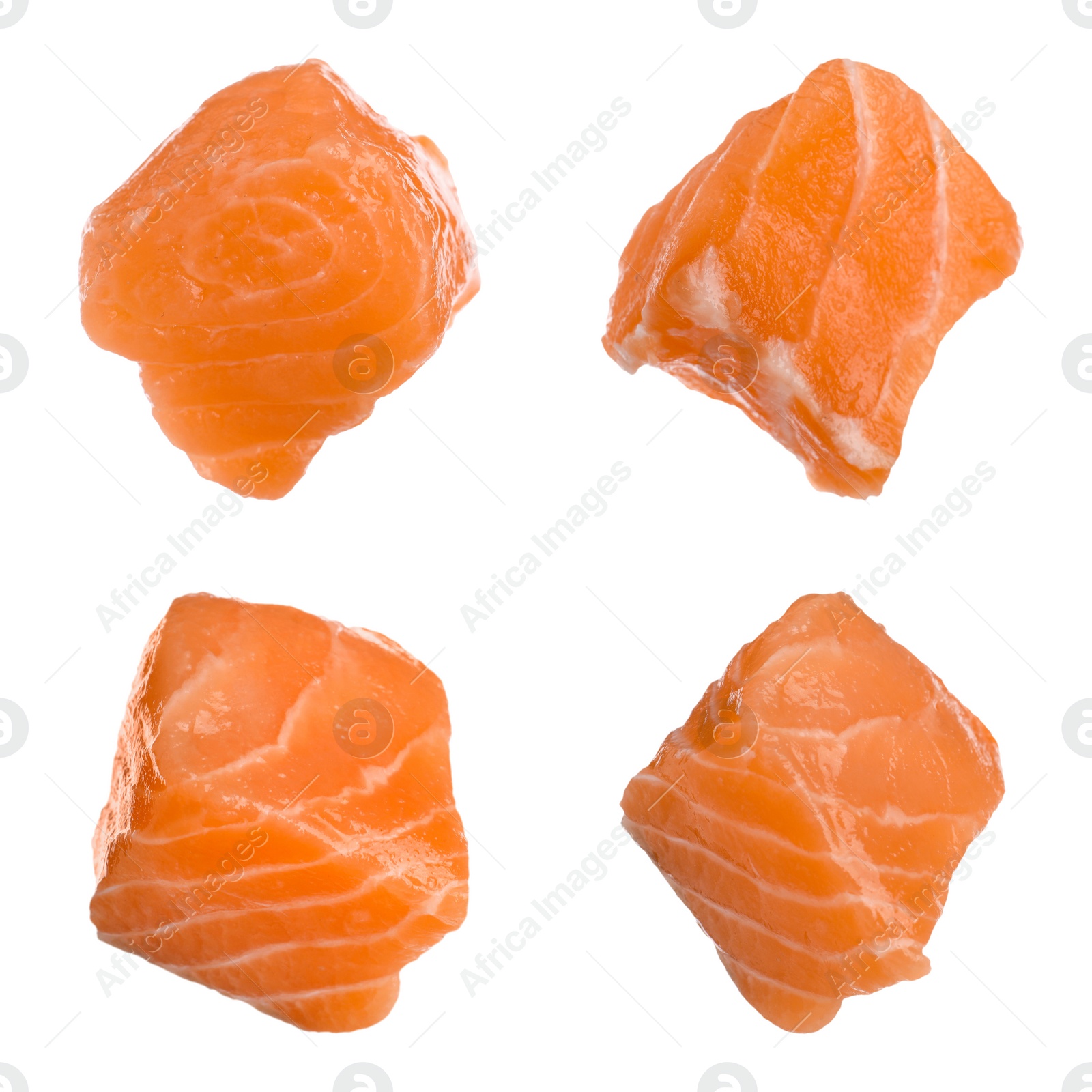 Set with pieces of fresh raw salmon on white background. Fish delicacy Image of Set with pieces of fresh raw salmon on white background. Fish delicacy