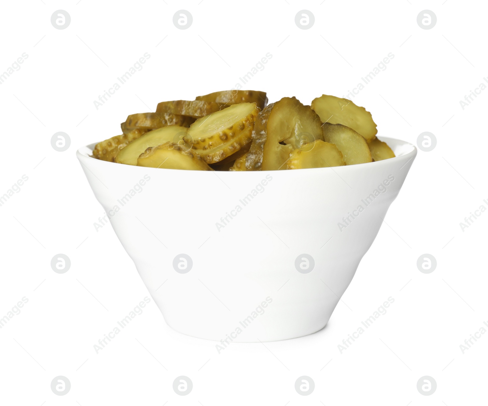 Slices of tasty pickled cucumbers in bowl isolated on white Photo of Slices of tasty pickled cucumbers in bowl isolated on white