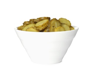 Slices of tasty pickled cucumbers in bowl isolated on white Photo of Slices of tasty pickled cucumbers in bowl isolated on white