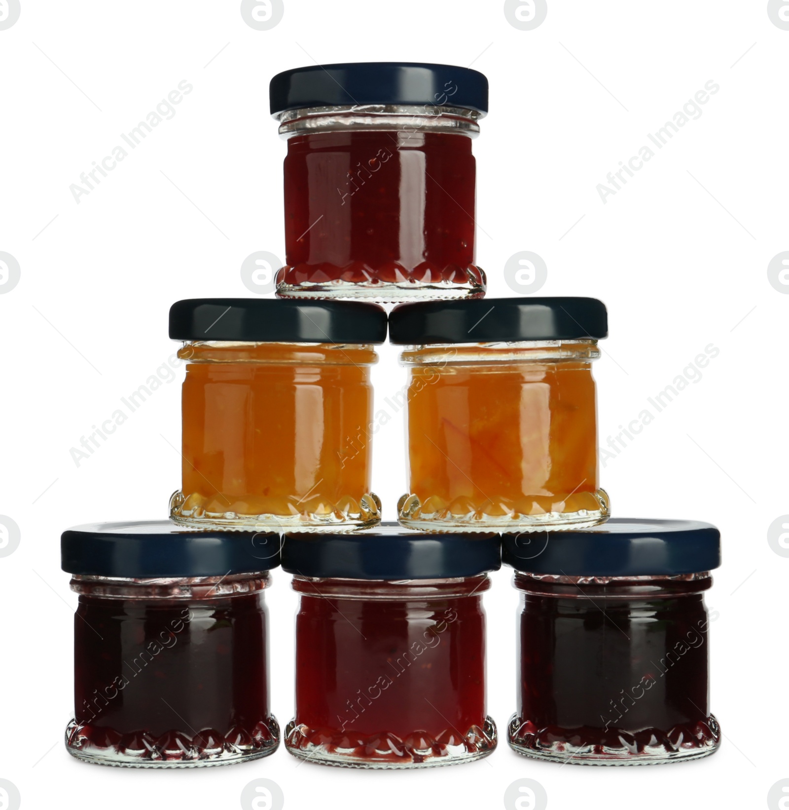 Jars with different jams on white background Photo of Jars with different jams on white background