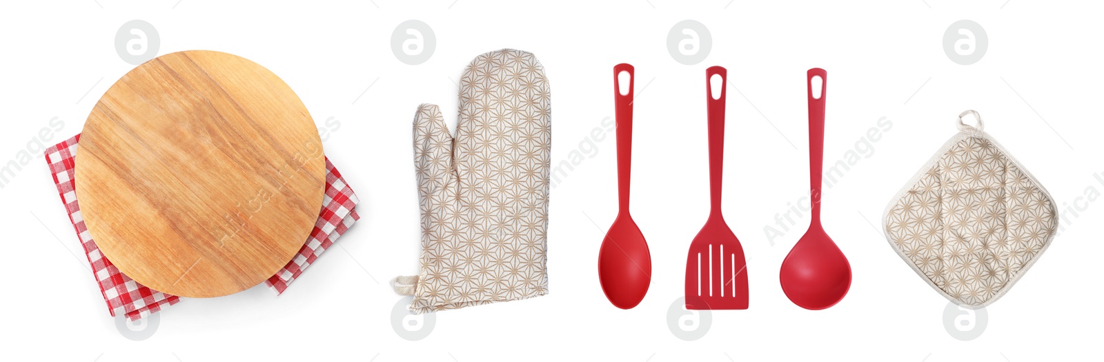 Set with different kitchen utensils and oven glove on white background, top view. Banner design Image of Set with different kitchen utensils and oven glove on white background, top view. Banner design