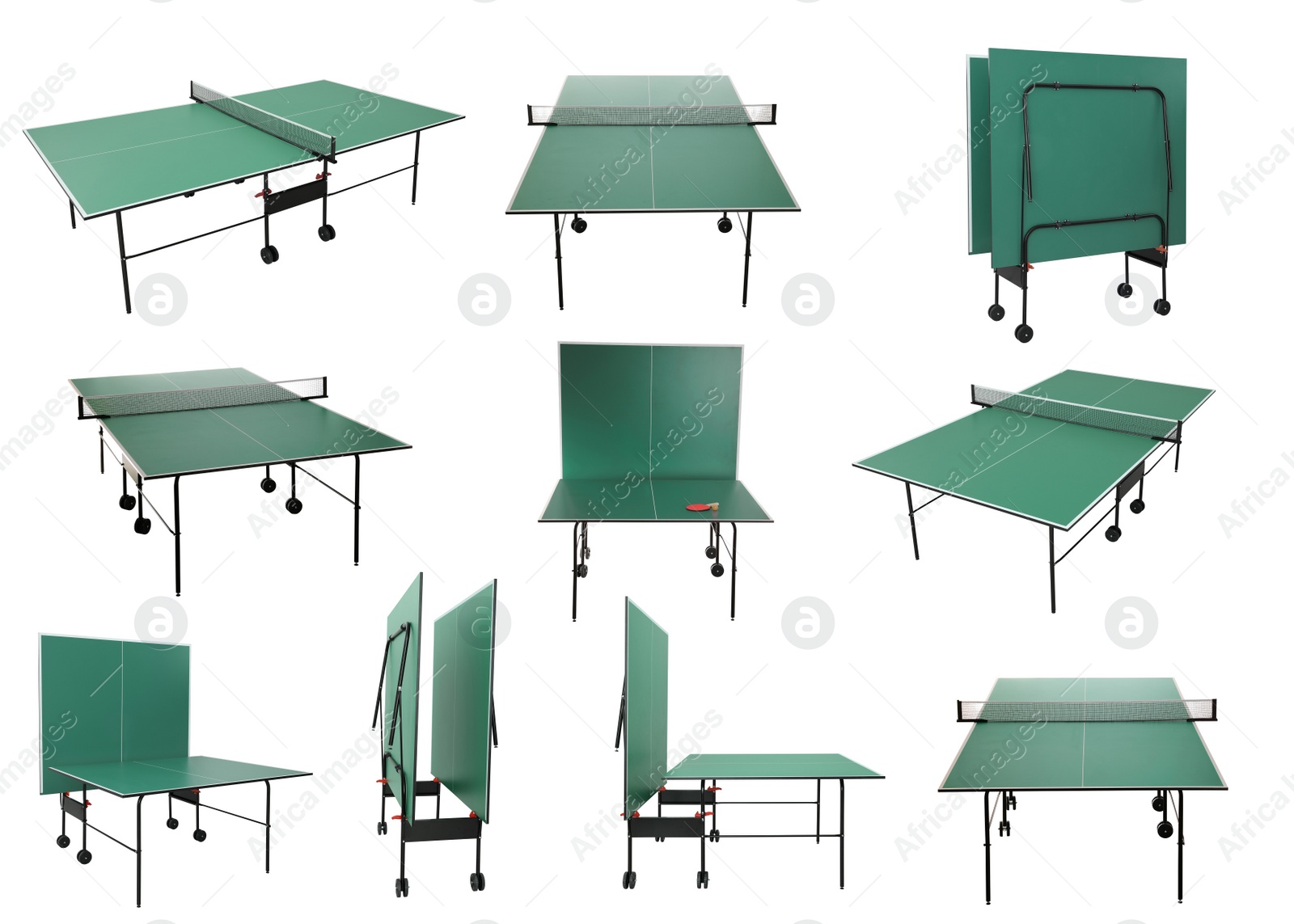 Green ping pong tables on white background, collage Image of Green ping pong tables on white background, collage