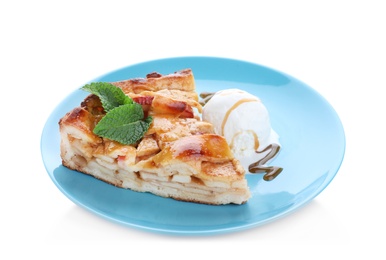 Slice of traditional apple pie with ice cream and mint isolated on white Photo of Slice of traditional apple pie with ice cream and mint isolated on white