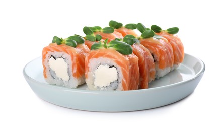 Tasty sushi rolls with salmon on white background Photo of Tasty sushi rolls with salmon on white background