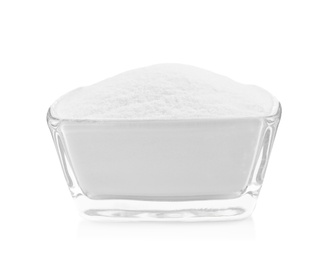 Glass bowl with baking soda isolated on white Photo of Glass bowl with baking soda isolated on white