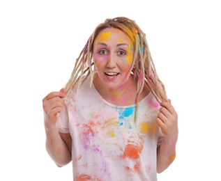 Woman covered with colorful powder dyes on white background. Holi festival celebration Photo of Woman covered with colorful powder dyes on white background. Holi festival celebration