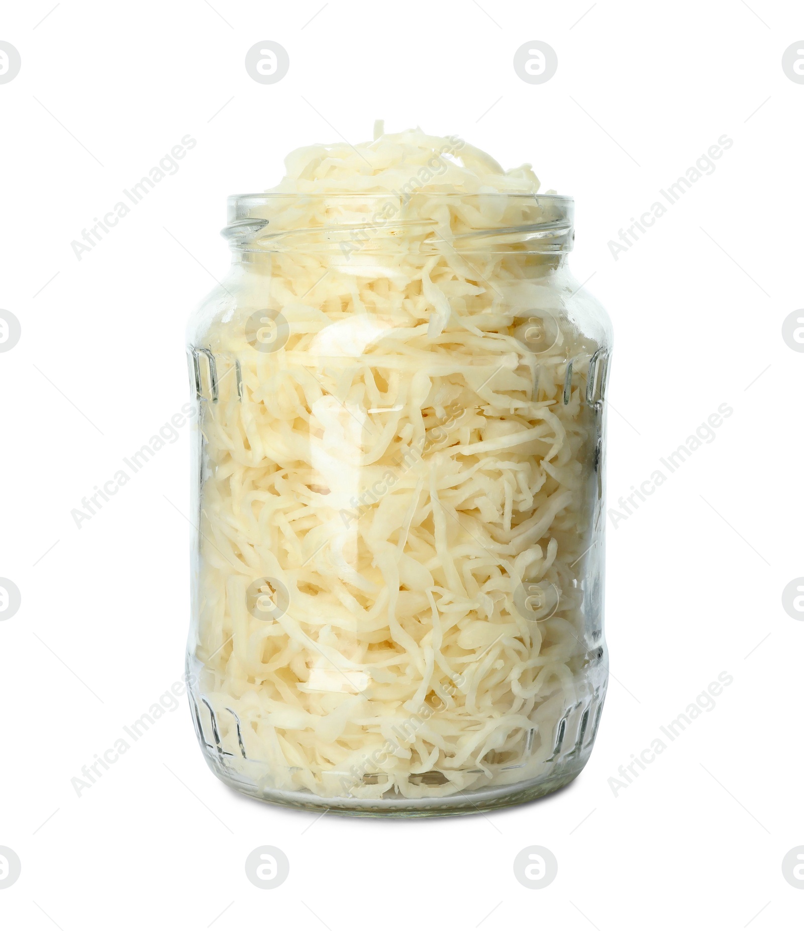 Photo of Glass jar of tasty fermented cabbage isolated on white