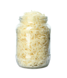 Glass jar of tasty fermented cabbage isolated on white Photo of Glass jar of tasty fermented cabbage isolated on white