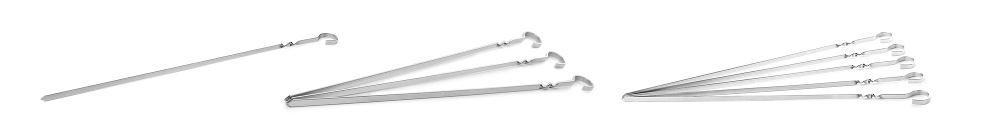 Set with metal skewers on white background. Banner design Image of Set with metal skewers on white background. Banner design