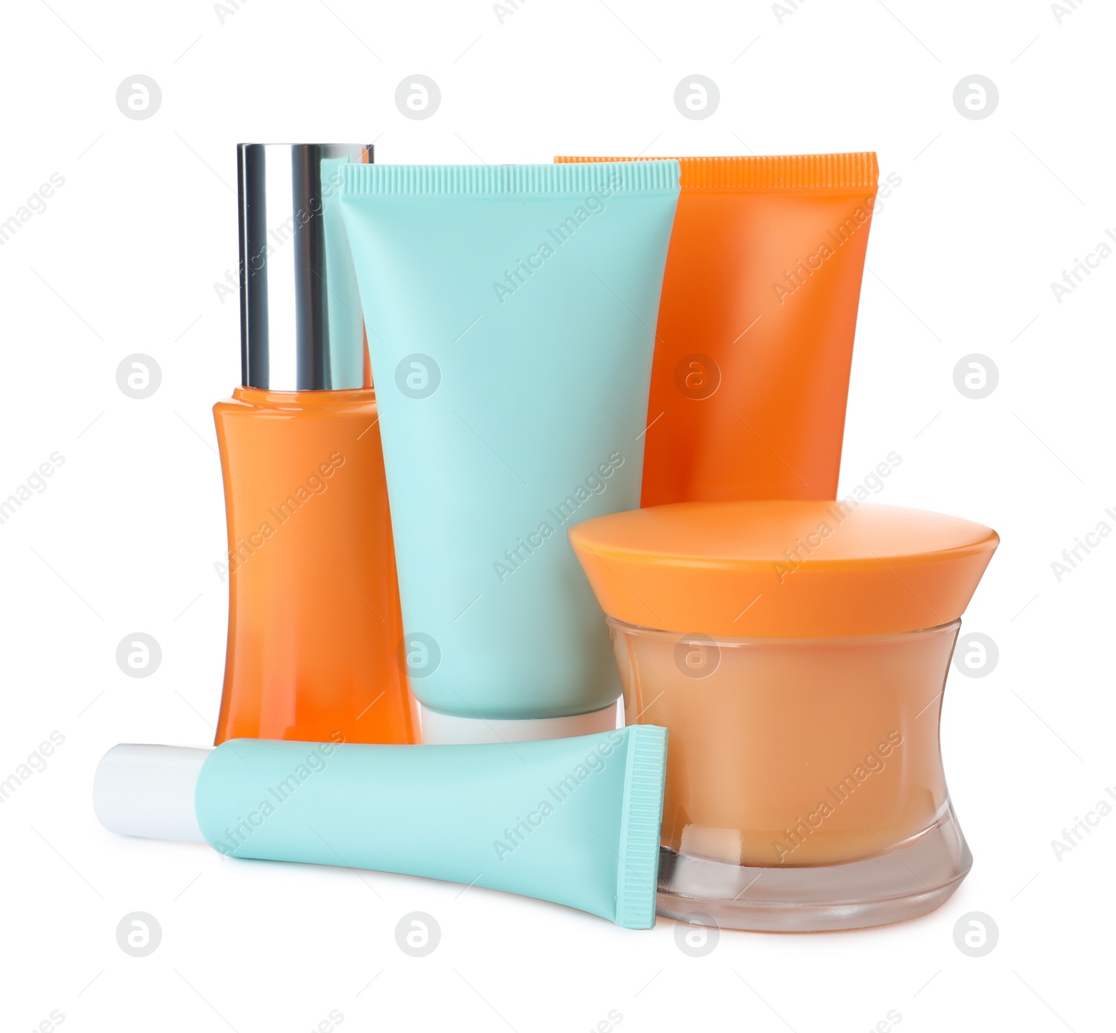 Set of luxury cosmetic products on white background Photo of Set of luxury cosmetic products on white background