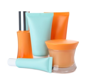 Set of luxury cosmetic products on white background Photo of Set of luxury cosmetic products on white background