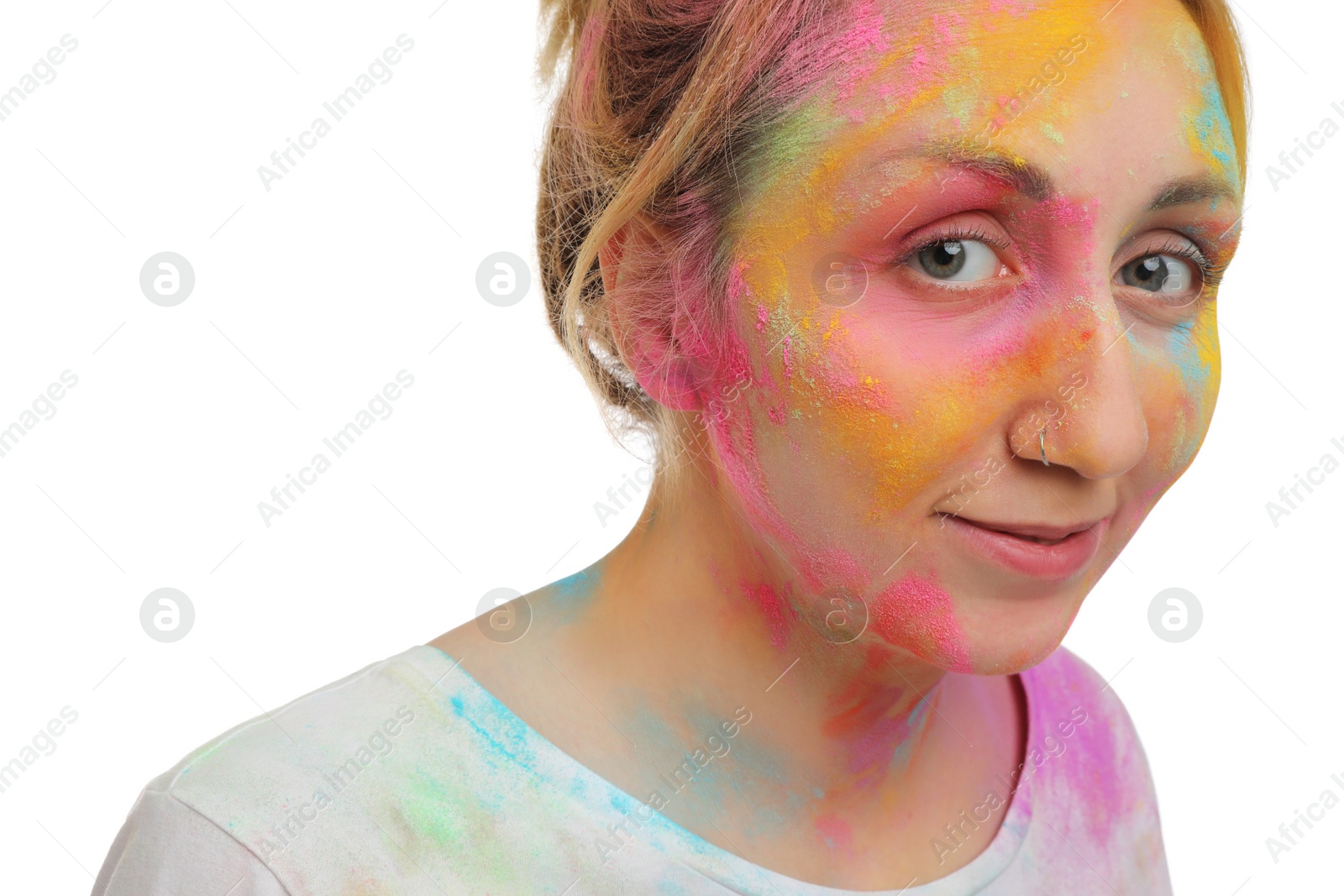 Woman covered with colorful powder dyes on white background. Holi festival celebration Photo of Woman covered with colorful powder dyes on white background. Holi festival celebration
