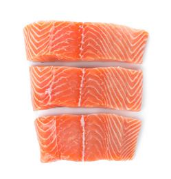 Fresh raw salmon on white background, top view. Fish delicacy Photo of Fresh raw salmon on white background, top view. Fish delicacy