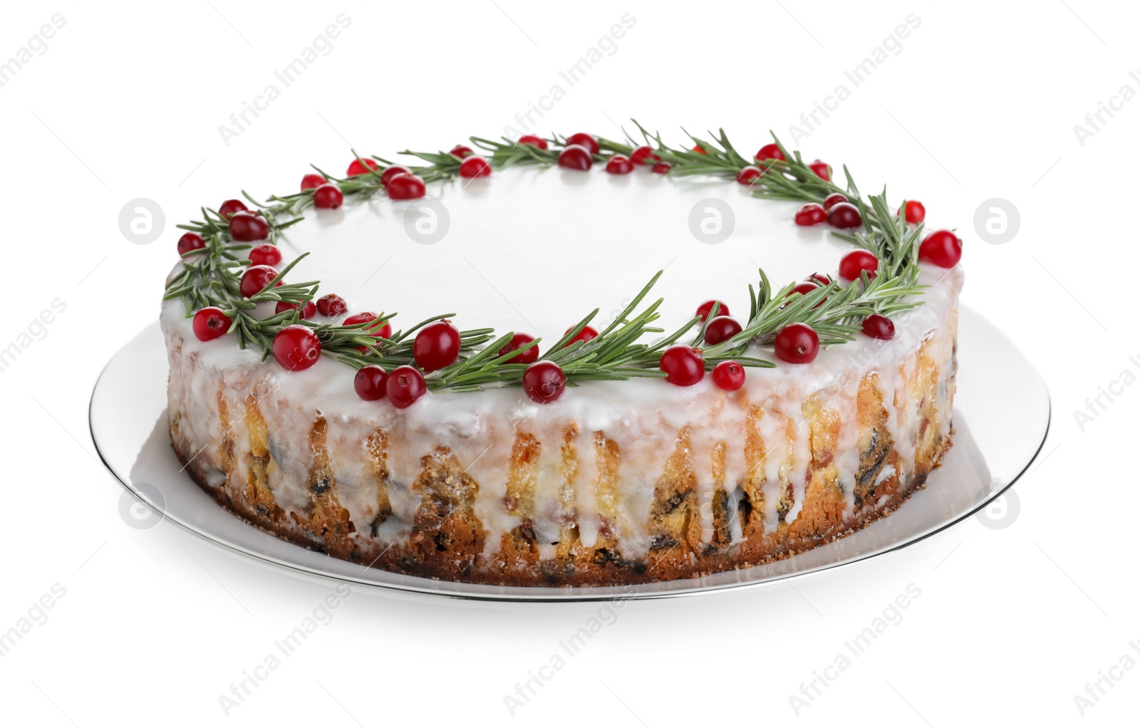 Traditional Christmas cake decorated with rosemary and cranberries isolated on white Photo of Traditional Christmas cake decorated with rosemary and cranberries isolated on white