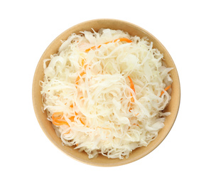 Photo of Bowl of tasty fermented cabbage isolated on white, top view