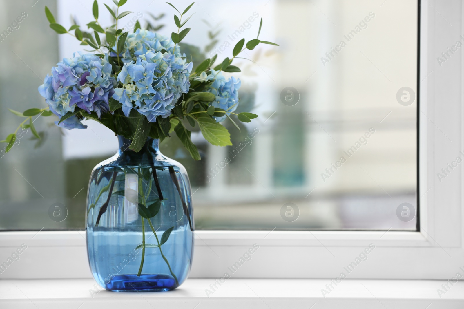 Beautiful blue hortensia flowers in vase on window sill indoors. Space for text Photo of Beautiful blue hortensia flowers in vase on window sill indoors. Space for text