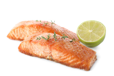 Delicious roasted fish with thyme and lime isolated on white Photo of Delicious roasted fish with thyme and lime isolated on white