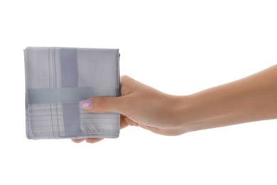 Woman holding handkerchief isolated on white, closeup Photo of Woman holding handkerchief isolated on white, closeup