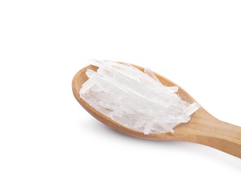 Menthol crystals in spoon on white background Photo of Menthol crystals in spoon on white background