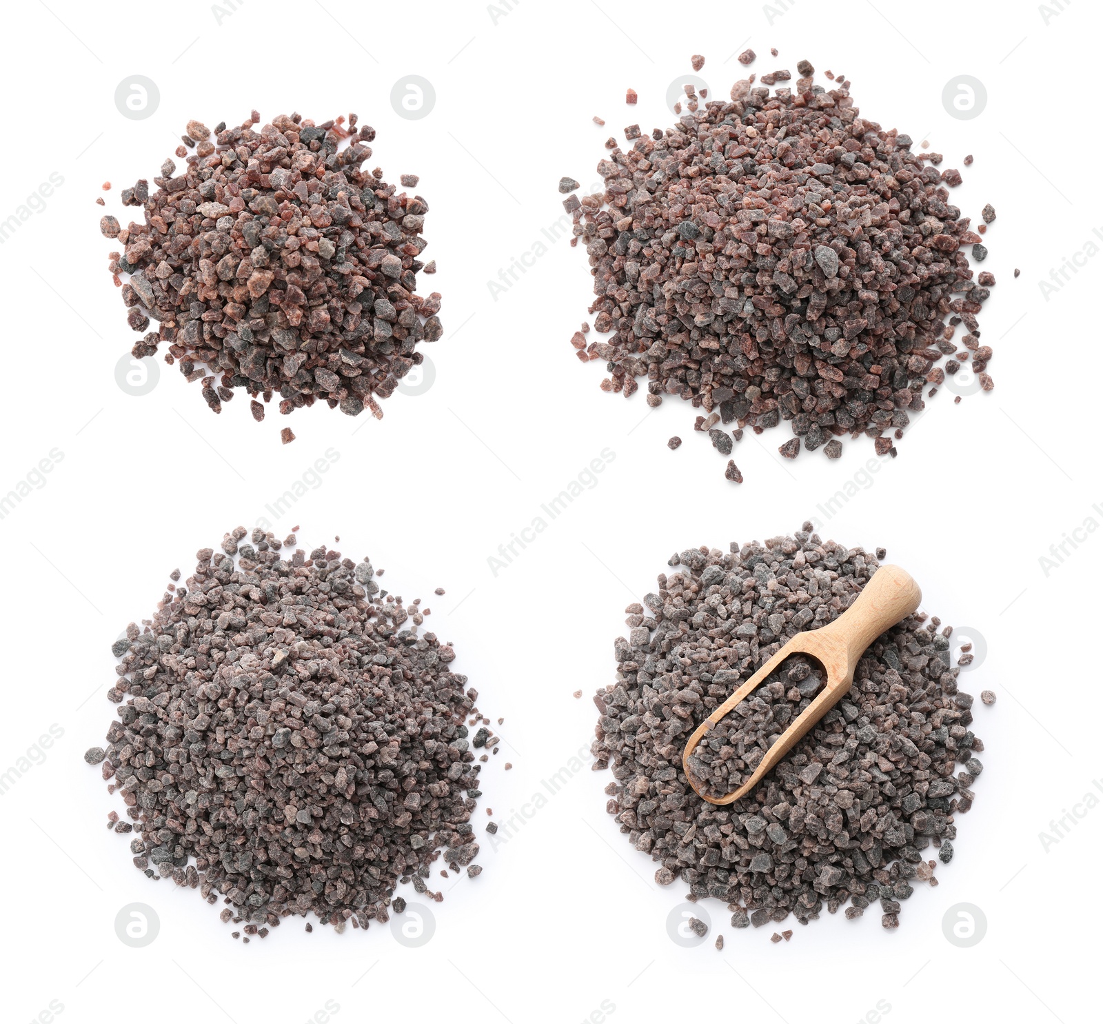 Collage with black salt on white background, top view. Banner design Image of Collage with black salt on white background, top view. Banner design
