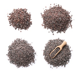 Collage with black salt on white background, top view. Banner design Image of Collage with black salt on white background, top view. Banner design