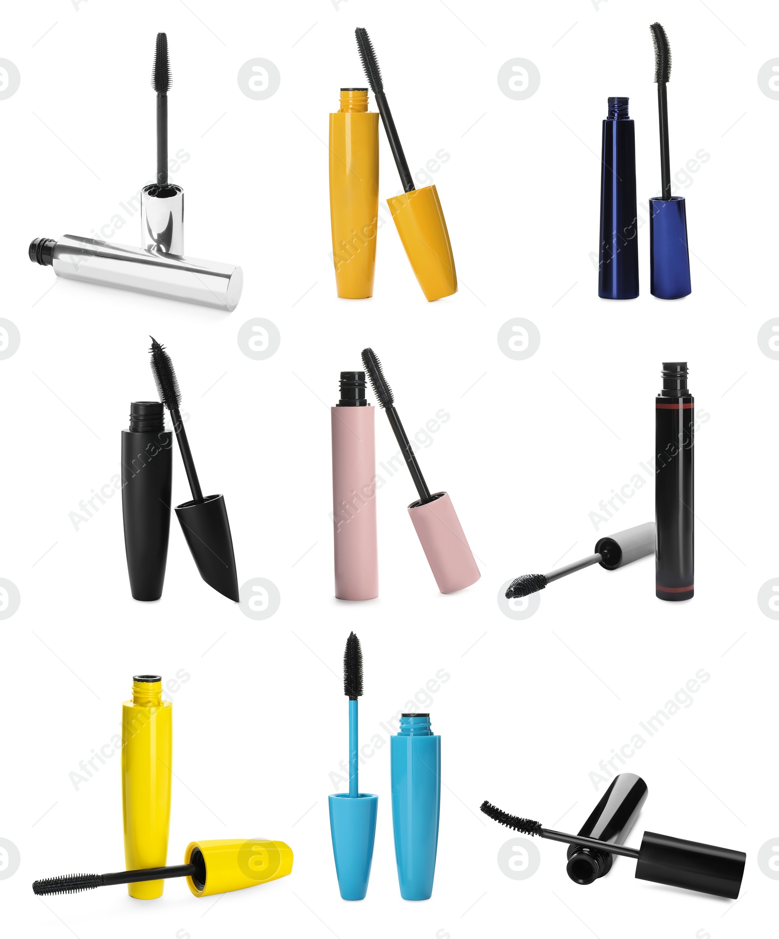 Image of Set with different mascaras on white background 