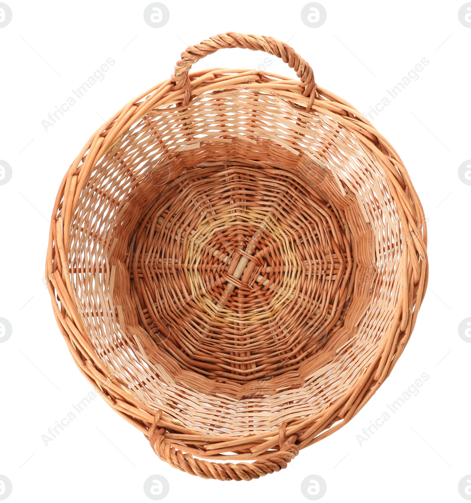 Wicker basket with handles isolated on white, top view Photo of Wicker basket with handles isolated on white, top view