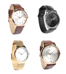 Collage of stylish watches on white background Image of Collage of stylish watches on white background