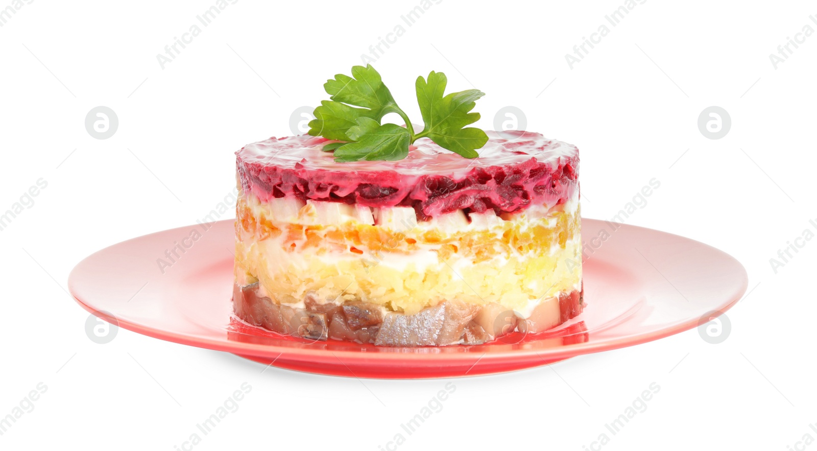 Herring under fur coat isolated on white. Traditional russian salad Photo of Herring under fur coat isolated on white. Traditional russian salad