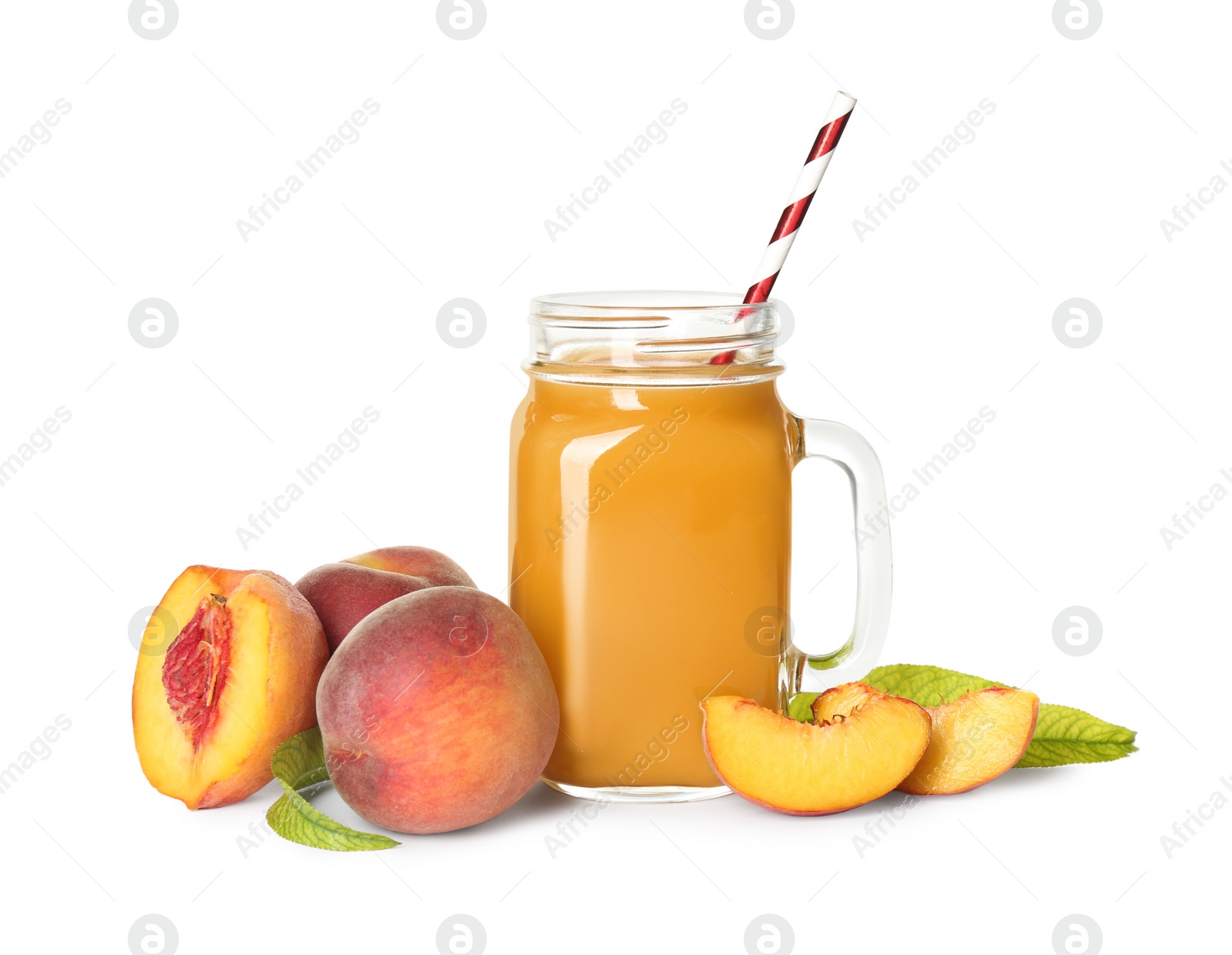 Natural freshly made peach juice on white background Photo of Natural freshly made peach juice on white background