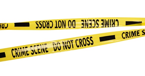 Yellow crime scene tapes isolated on white Photo of Yellow crime scene tapes isolated on white