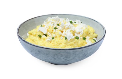 Tasty banosh with brynza and cut green onions in bowl isolated on white. Traditional Ukrainian dish Photo of Tasty banosh with brynza and cut green onions in bowl isolated on white. Traditional Ukrainian dish