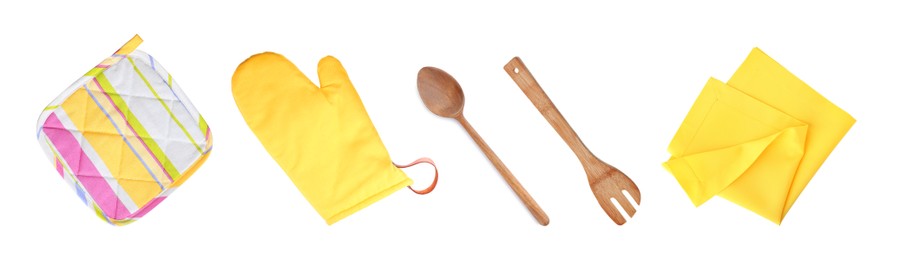 Set with different kitchen utensils and oven glove on white background, top view. Banner design Image of Set with different kitchen utensils and oven glove on white background, top view. Banner design