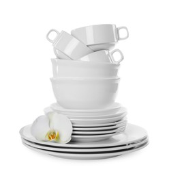 Set of dishware and flower on white background Photo of Set of dishware and flower on white background