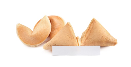 Traditional fortune cookies with prediction on white background Photo of Traditional fortune cookies with prediction on white background