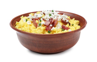 Tasty banosh with brynza and pork cracklings in bowl isolated on white. Traditional Ukrainian dish Photo of Tasty banosh with brynza and pork cracklings in bowl isolated on white. Traditional Ukrainian dish