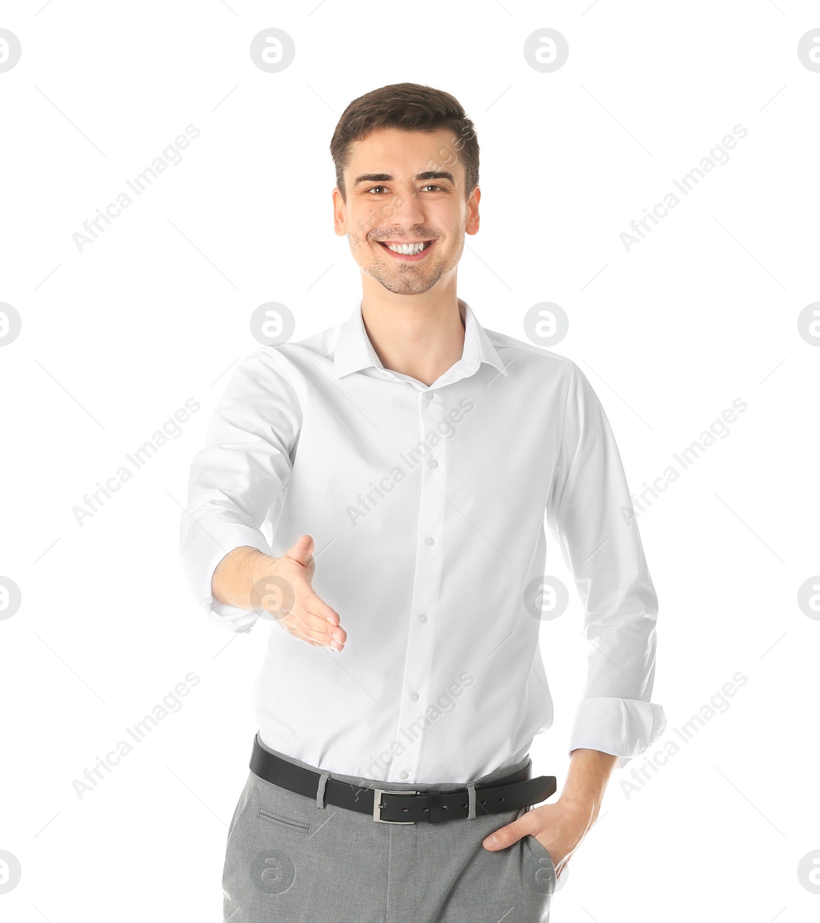 Business trainer reaching out for handshake on white background Photo of Business trainer reaching out for handshake on white background