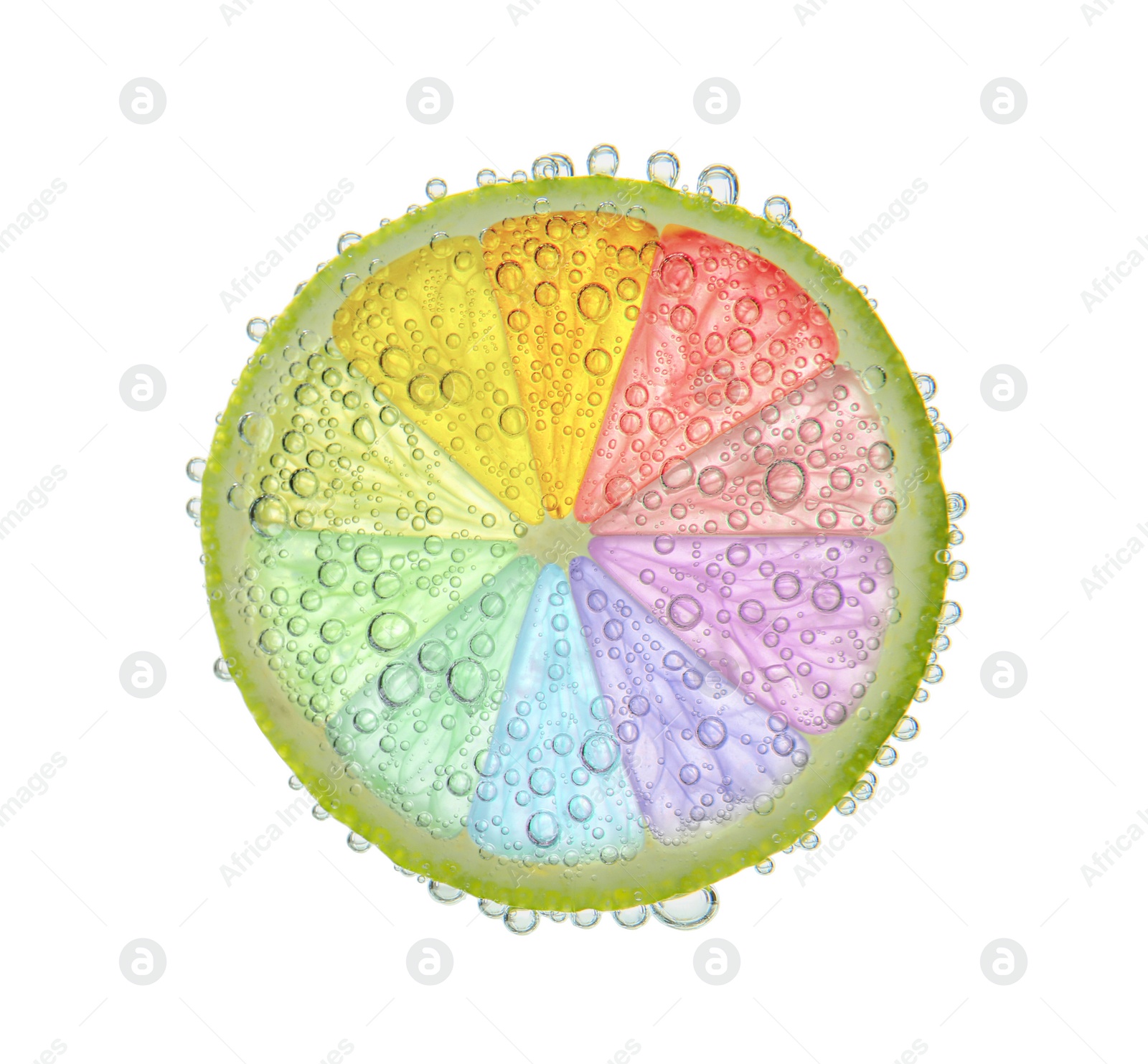 Fresh lime slice with rainbow segments and water bubbles on white background. Brighten your life Image of Fresh lime slice with rainbow segments and water bubbles on white background. Brighten your life