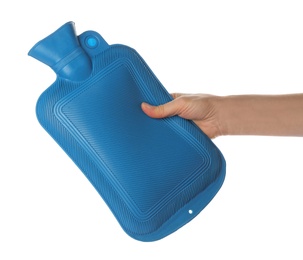 Woman blue holding hot water bottle on white background, closeup Photo of Woman blue holding hot water bottle on white background, closeup