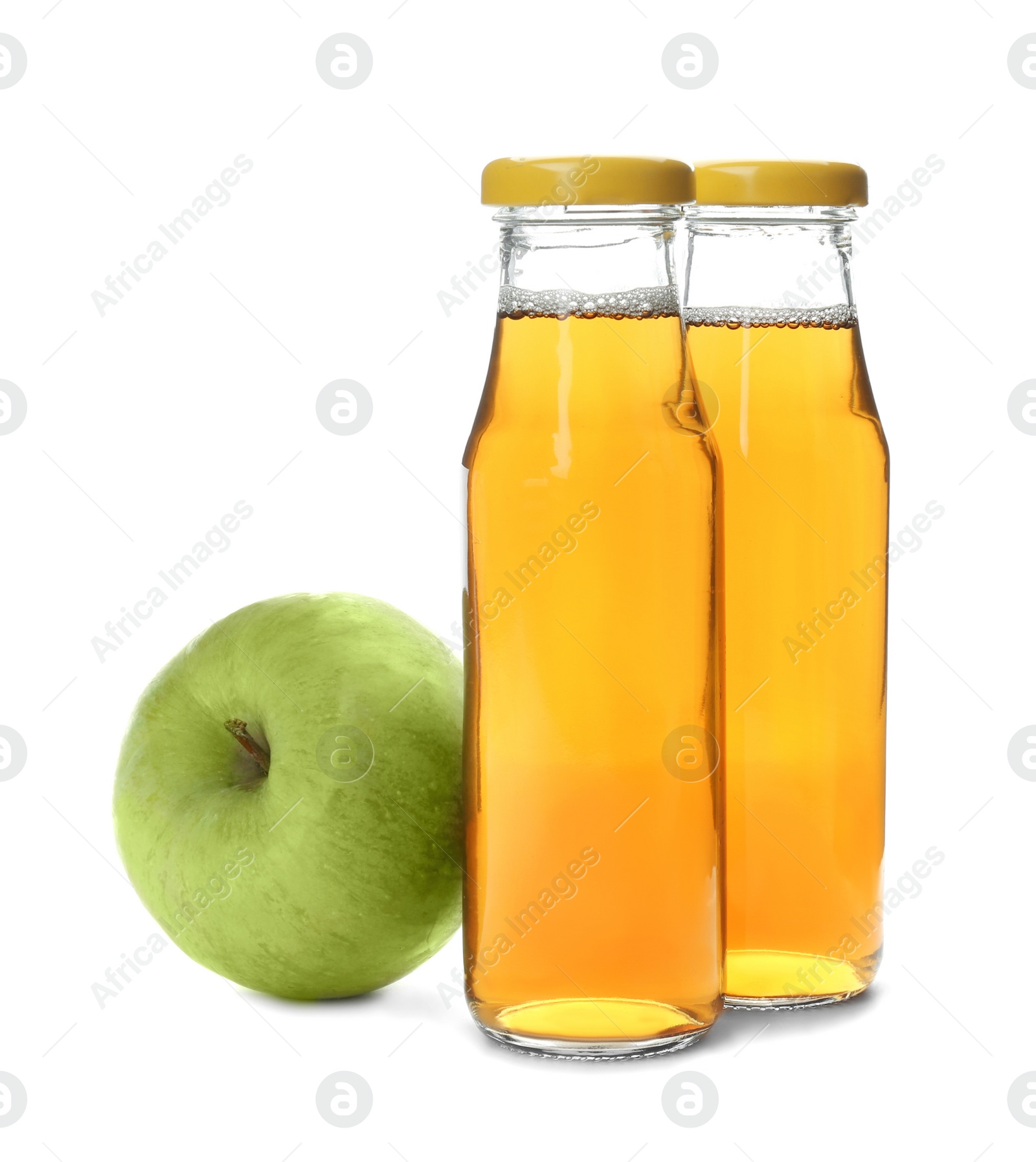 Two bottles of apple juice and fresh fruit on white background Photo of Two bottles of apple juice and fresh fruit on white background