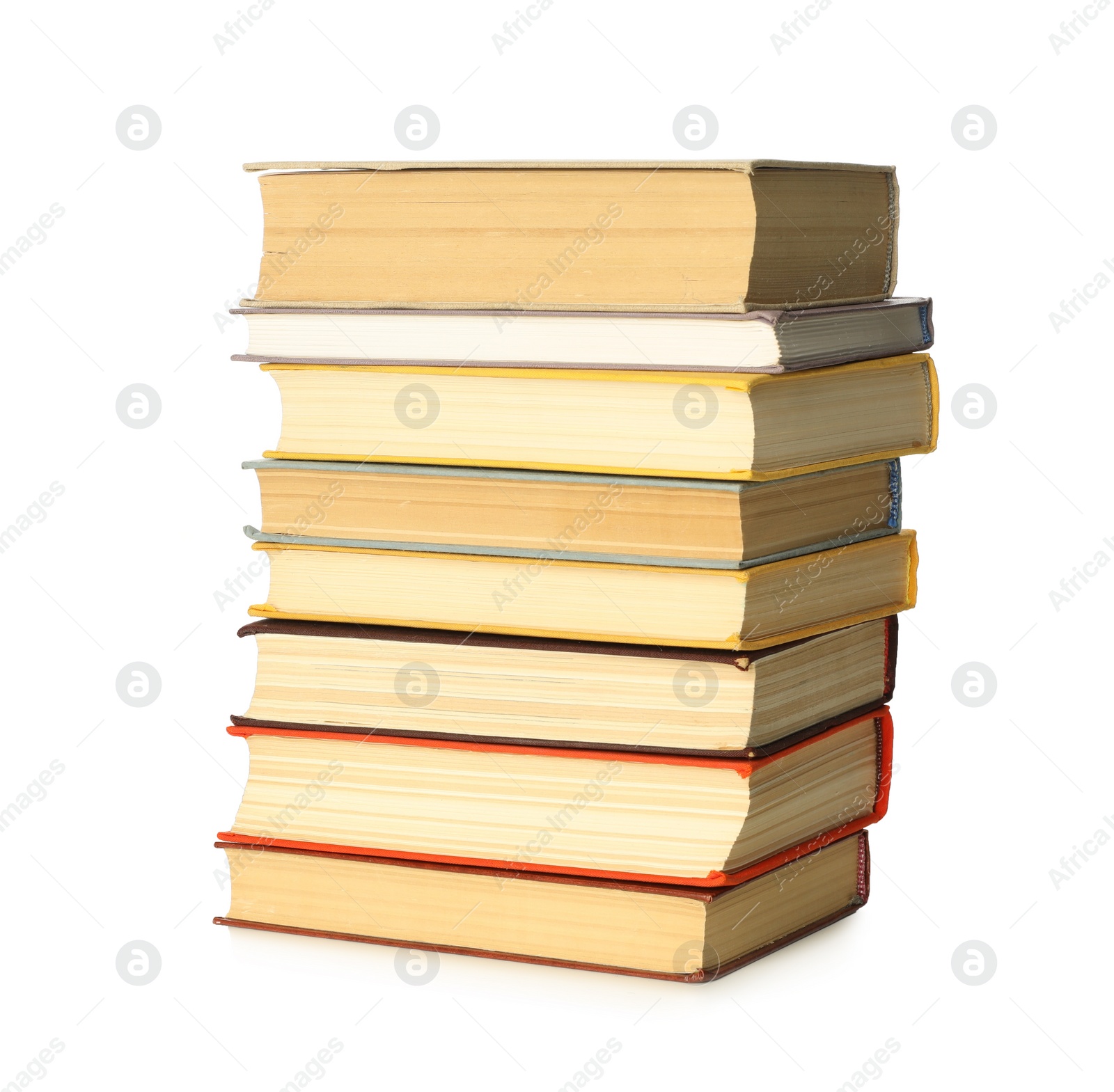 Stack of library books on white background Photo of Stack of library books on white background