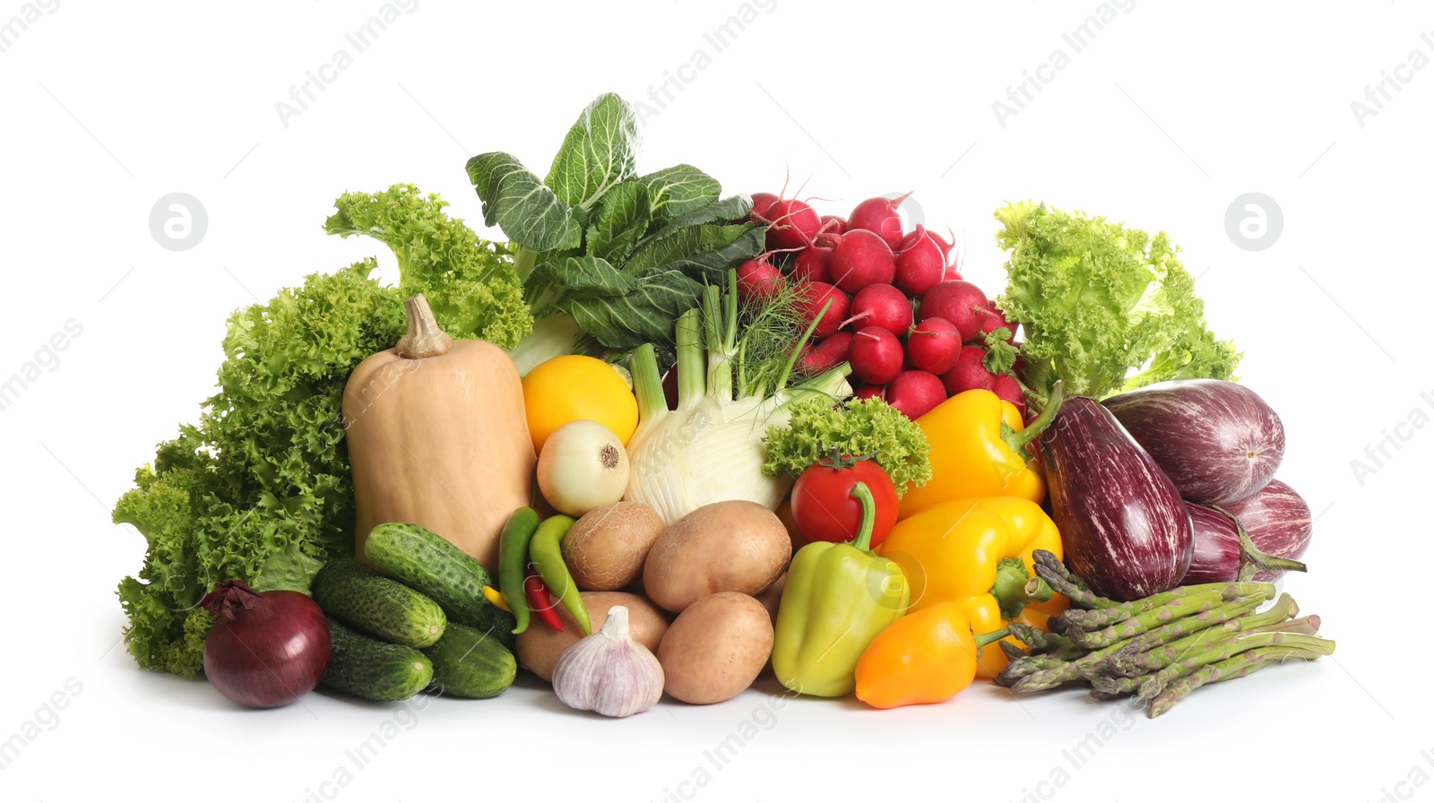 Different fresh ripe vegetables on white background Photo of Different fresh ripe vegetables on white background