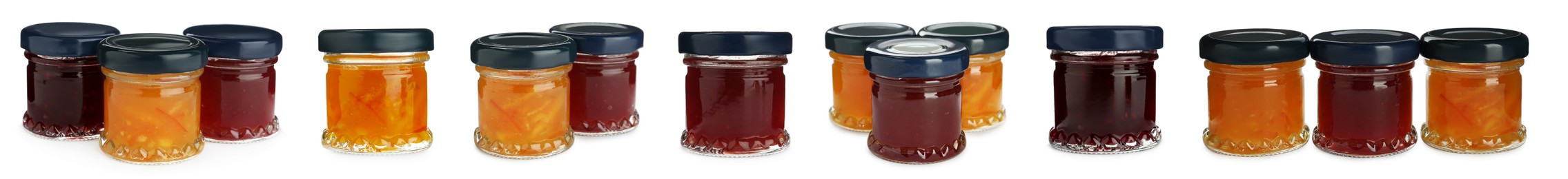 Set with jars of different tasty jam on white background. Banner design Image of Set with jars of different tasty jam on white background. Banner design