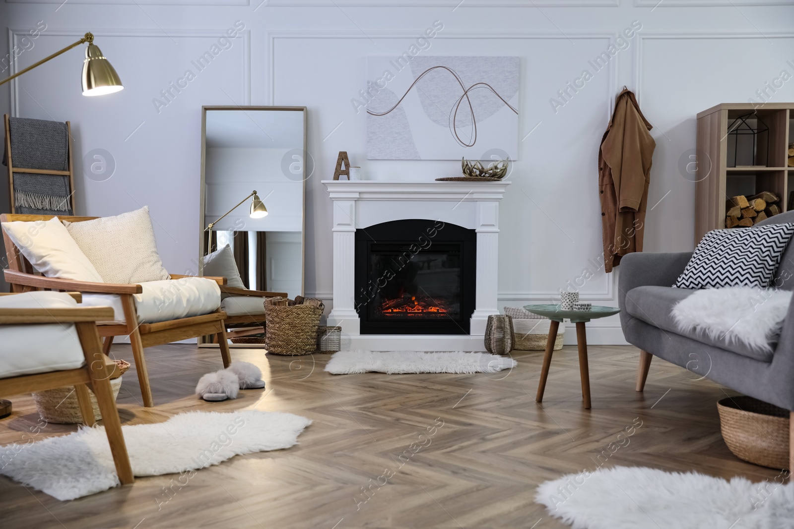 Beautiful living room interior with fireplace and armchairs Photo of Beautiful living room interior with fireplace and armchairs